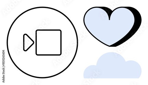 Video play symbol in a circle, paired with a heart and cloud shape. Ideal for media, online communication, love, technology, social platforms, streaming services, simple flat metaphor