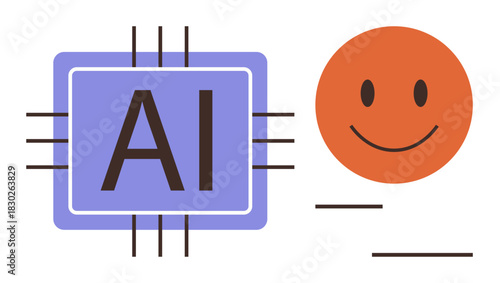 AI chip with circuits and orange happy face blending technology and humanity. Ideal for topics of AI, technology, innovation, communication, user interaction, emotional intelligence, and creativity