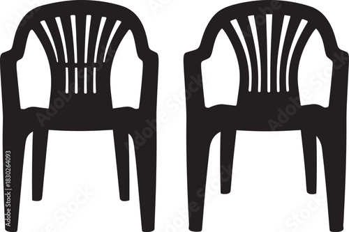 Two black plastic chairs facing forward silhouette