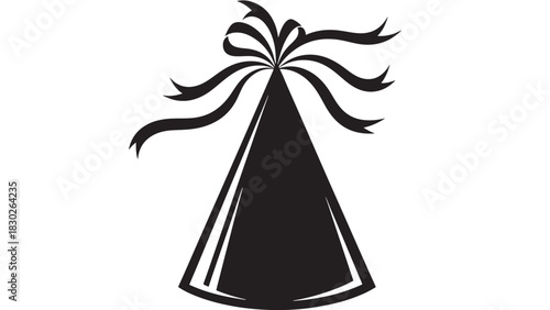 Black and white silhouette of a festive party hat with ribbon, perfect for invitations and celebration designs, evoking fun, joy, and a sense of whimsical delight, making every occasion special