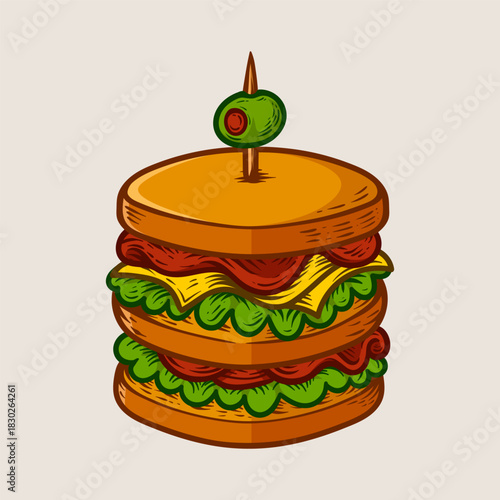 detailed classic vintage big stacked sandwich cartoon isolated drawing line art style design illustration