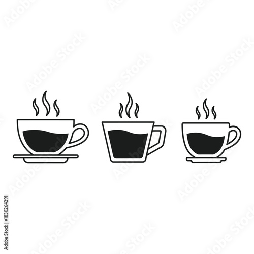 Minimalist vector illustration of three cups of hot coffee or tea with rising steam offering a comforting and warm feeling beverage