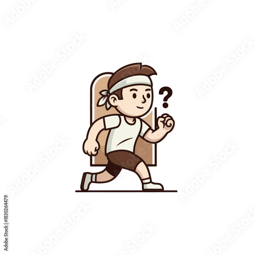 Cartoon boy running with a question mark contemplating a path or decision vector illustration character in sportswear exercising and thinking about a challenge