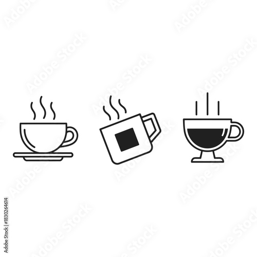 Line art illustration of three coffee cups with rising steam aroma in black and white minimalist design for cafes