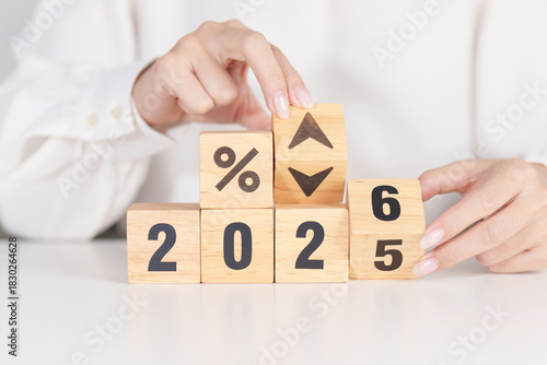 2025 to 2026 New year with percentage change to UP and Down arrow. Interest rate, GDP, stocks market, financial, deflation and Inflation, mortgage, debt, Loan and Economic Recession