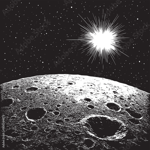 Black and white dotwork vector illustration of an astronaut driving a space rover across an alien landscape