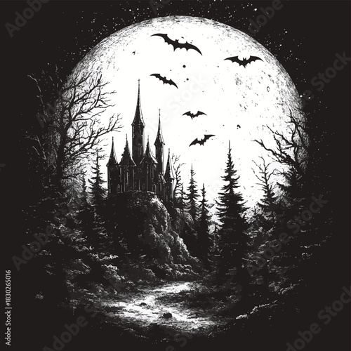 Black and white dotwork vector illustration of an astronaut driving a space rover across an alien landscape