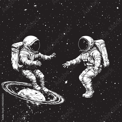 Black and white dotwork vector illustration of an astronaut driving a space rover across an alien landscape