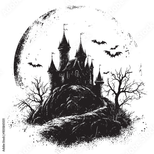 Black and white dotwork vector illustration of an astronaut driving a space rover across an alien landscape