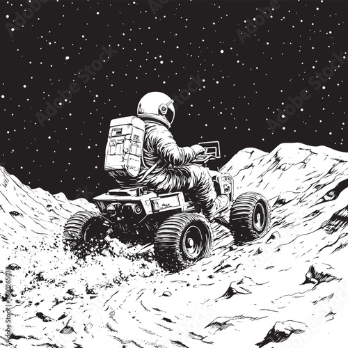 Black and white dotwork vector illustration of an astronaut driving a space rover across an alien landscape