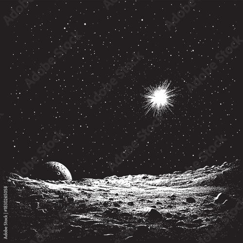 Black and white dotwork vector illustration of an astronaut driving a space rover across an alien landscape