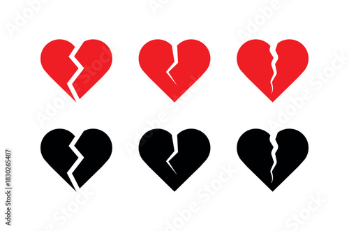 Broken Heart Icon with Zigzag Crack, Split Love Symbol in Red and Black, Vector Emoticon