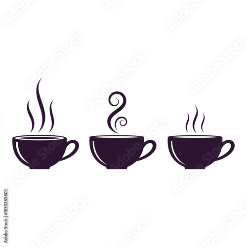 Three cups of hot coffee or tea steaming for design elements and beverage concepts