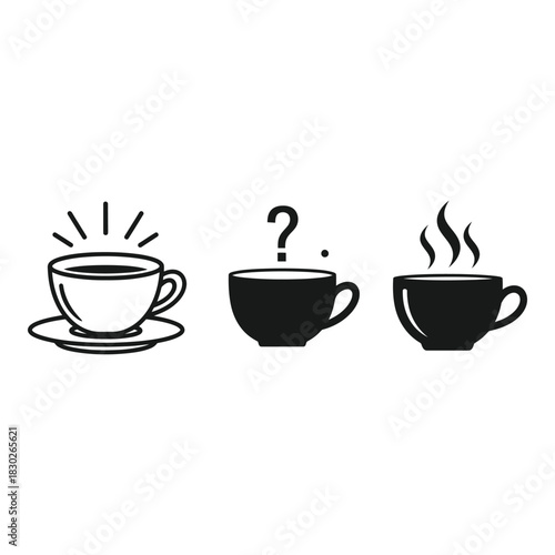 Three cups of coffee representing different concepts and ideas offering options and possibilities with a choice or question mark and aroma