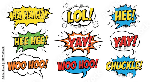 Vibrant Collection of Comic Style Speech Bubbles Expressing Laughter and Joyful Sounds