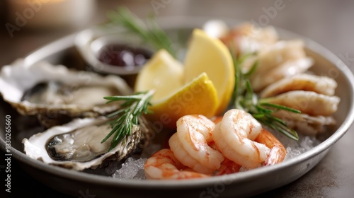 luxury seafood platter with oysters, shrimp, and lemon slices, premium dining concept