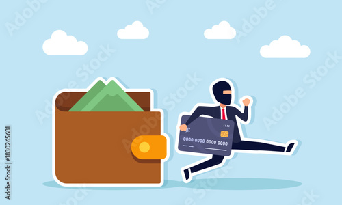 Thief stealing debit or credit card from a wallet illustrating fraud and weaknesses in a cashless system