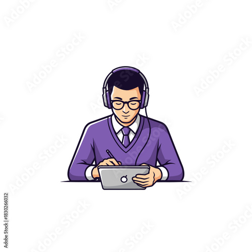 Focused individual with headphones and glasses working on digital tablet using stylus