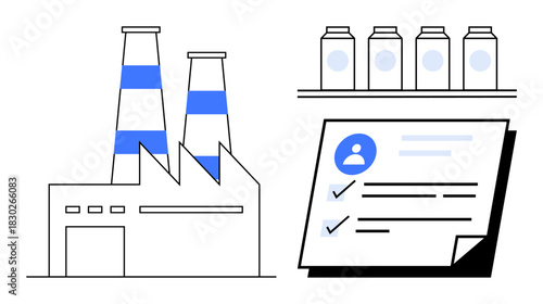 Factory building with chimneys beside a detailed checklist and product containers on a shelf. Ideal for manufacturing, quality control, production, industrial standards, certifications, efficiency