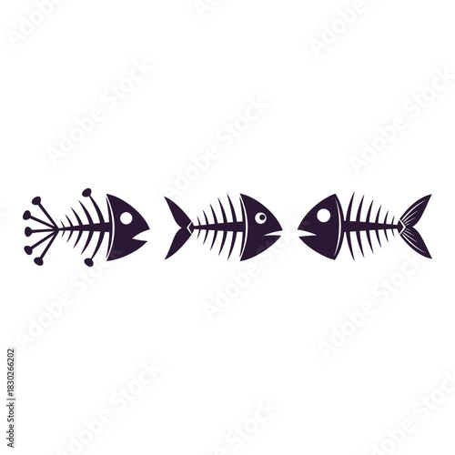 Three Fish Bone Sketches Depicting Different Styles and Anatomical Features on a White Background for Design Elements