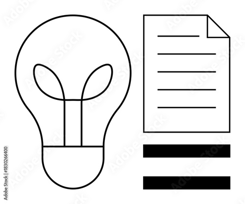 Lightbulb outline and document with text lines symbolizing ideas and structured content. Ideal for creativity, innovation, planning, writing, organization, brainstorming, and education themes. Simple