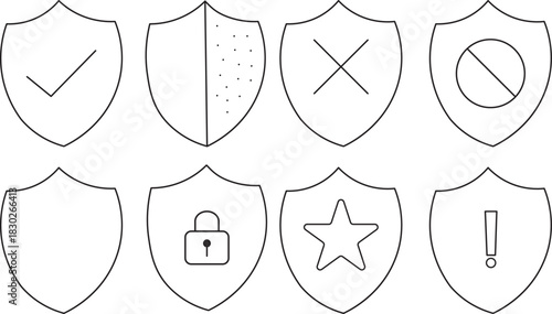 Shield with check mark icon vector, security symbols collection, protection badges,Thin line icons with editable stroke, Privacy protection, data safety, secure access, web security symbols,
