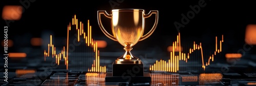 successful goal planning productivity concept Award trophy over digital stock market graphs background