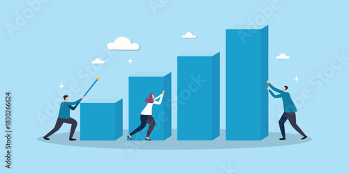 Teamwork pushing business growth chart to success financial goal achievement concept