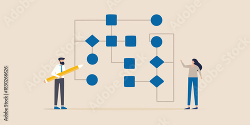 People planning and visualizing a business process flowchart for optimization and efficiency