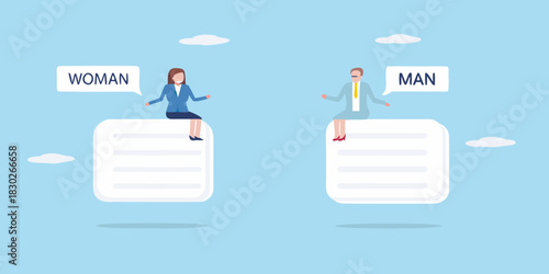 Gender roles and expectations concept with man and woman sitting on documents