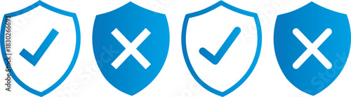 Shield with check mark icon vector, security symbols collection, protection badges,Thin line icons with editable stroke, Privacy protection, data safety, secure access, web security symbols,
