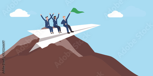 Business team flying paper airplane over mountain to reach success goal