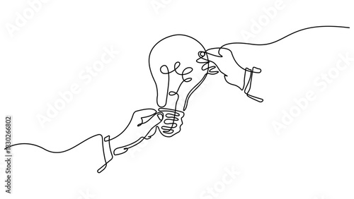 Continuous one line drawing of hand holding light bulb, idea lamp. One line art concept of smart idea innovation. Editable line. Vector illustration.