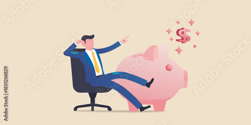 Successful businessman with piggy bank and dollar sign financial planning illustration