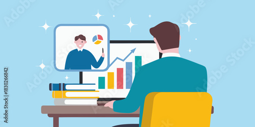 Man attending online business meeting with growing charts and data analysis