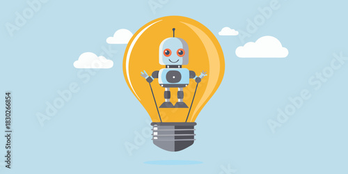 Cute robot inside a light bulb on a blue sky background