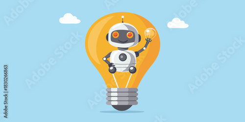 Cartoon robot holding a lightbulb inside of a larger lightbulb idea