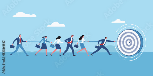 Teamwork and collaboration business people pulling rope towards a target achieving goals