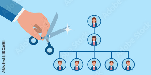 Downsizing organization chart with scissors cutting through hierarchy business restructuring concept