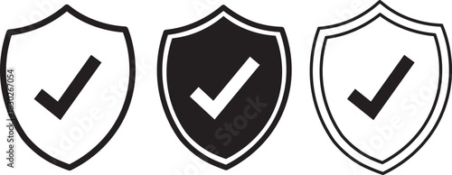 Editable stroke shield icon set, Flat silhouette vector icons of protective shields, check mark vectors iconographic, Isolated on transparent background.
