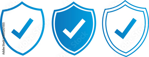 Editable stroke shield icon set, Flat silhouette vector icons of protective shields, check mark vectors iconographic, Isolated on transparent background.
