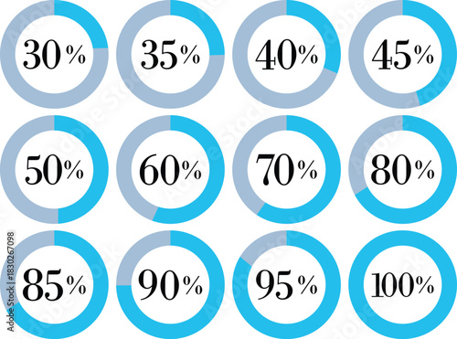 Infographic Circle with Percentage Icon set. Round diagrams icons for infographics from 0 to 100 percent collection.Design for dashboards, UI, reports, and analytics visuals. Vector illustration.