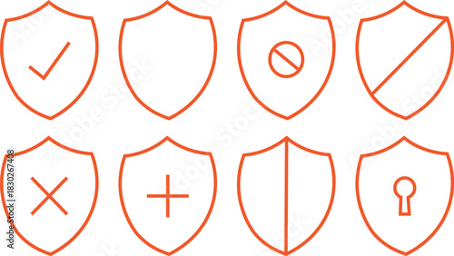 Collection of shield security icons representing  graphic design,Flat silhouette vector icons of protective shields, check mark vectors icons set in filled and strokes on white background.
