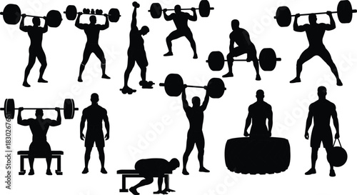 Weightlifting and strength training silhouette set with barbell exercises and fitness poses, black vector illustration for gym, workout, or bodybuilding stock image template