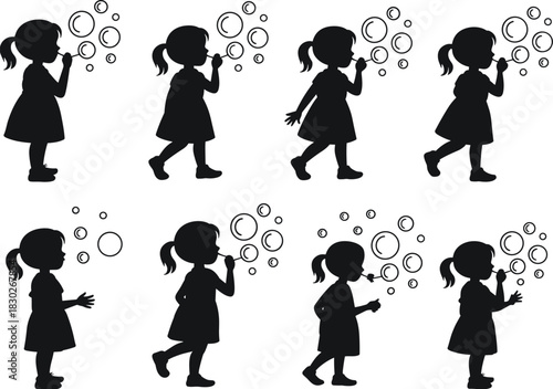Girl blowing bubbles silhouette set, playful child illustration, bubble activity graphics, cute kid outline collection, childhood fun vector elements