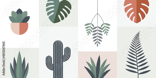 Minimalist botanical plant collection illustration in a modular grid pattern featuring modern flat design succulent, cactus, monstera, and fern leaves, using sage green and terracotta earthy colors pe