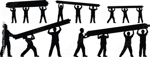 Teamwork, lifting, beam, silhouette, construction, labor, coordination, group, effort, support, vector, black, manual, pose, strength, collaboration, task, shared, action, flavector