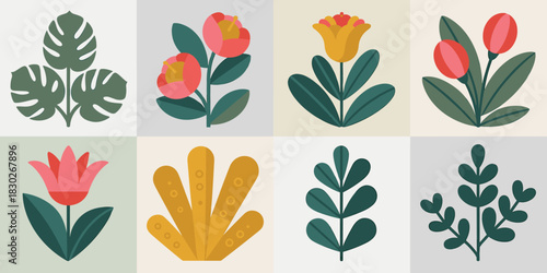 Minimalist botanical collection of eight colorful flat geometric floral elements and stylized tropical Monstera leaves, ideal for modern Scandinavian folk art design, web icons, spring branding, packa
