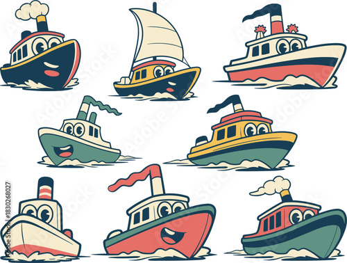A cheerful collection of vintage cartoon boats, including happy tugboats, steamboats, and a sailboat, floating upon ocean waves in a playful, traditional mascot illustration style, ideal graphic desig