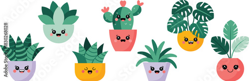 A vibrant collection of cute kawaii potted houseplants and succulents featuring happy smiling faces, including tropical monstera leaves, aloe vera, and cactus in colorful pink, yellow, and purple pots